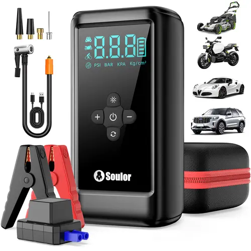 Soulor 3000A Ultra-Safe Jump Starter – Starts all 12V battery vehicles. Features 160 PSI air compressor, 18W fast charging, tire pressure check, and LED light. Includes jumper cables, air hose,Handbag toolupgrade