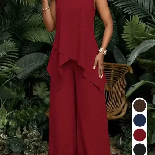 Two-Piece Chic's Outfit Set, Loose Round Neck Asymmetrical Hem Sleeveless Top and High-Waist Wide Leg Pants, Casual Daily & Travel Wear