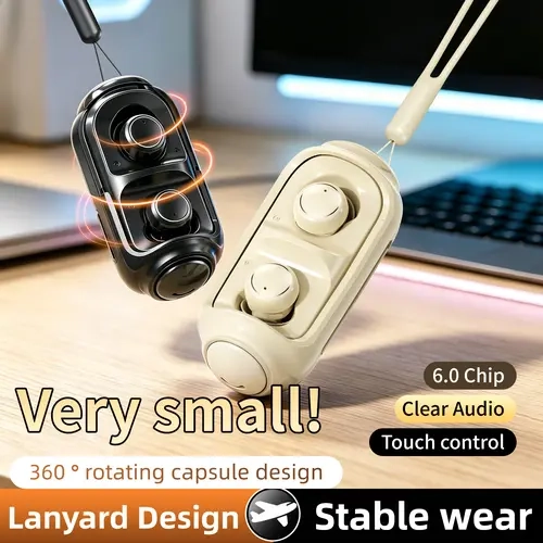 MSHUKCOE MINI16 Lanyard Wireless Earbuds - 2g Ultra-Light In-Ear Bluetooth Earbuds with Touch Control, 6.0 Chip, Hi-Fi Sound, Transparent Plastic Case, Capsule Design, Noise Isolation, Charging Cable, 20kHz Frequency, Water Resistant for Side Sleepers