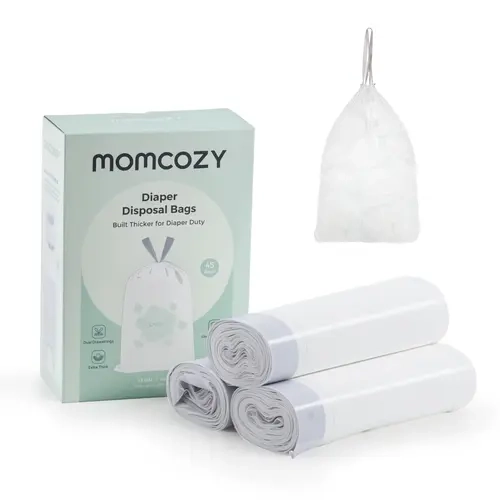 Momcozy 13 Gallon Drawstring Diaper Pail Bags, 45 Count Trash Bag Refills, 3 Rolls x 15 Bags, Compatible with Momcozy Diaper Pail, Ultra-Thick Disposable Diaper Disposal Bags for Nursery