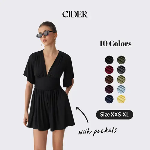 Cider Textured V-neck Ruched Mid Rise Bell Sleeve Ribbed Fabric Romper with Pockets Womenswear Basic Minimalist Jumpsuit