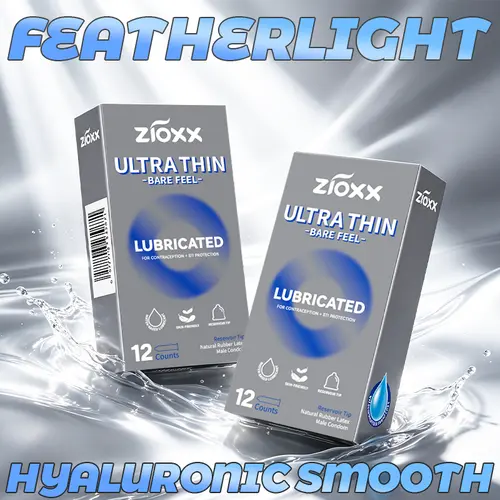 Zioxx Ultra Thin Bare Feel Condoms for Men, 12-Count Premium Water-Based Lubricated Skin-Friendly Latex Condoms, 52mm for Maximum Sensitivity & Safety