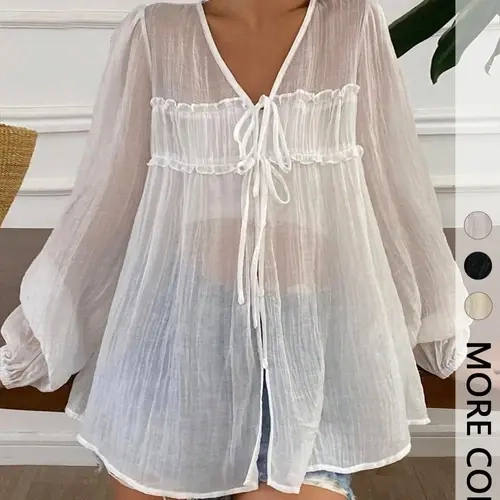 Women's Solid Color See-Through Off-The-Shoulder Lantern Sleeve Tie-Up Casual Loose Blouse, Summer Long Sleeve Top Vacation Blouses Shirts