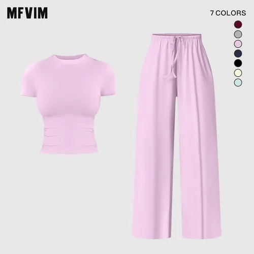 MFVIM Women’s New Slim-Fit Short-Sleeve 2-Piece Sports Set - Drawstring Elastic Waist Drapey Wide-Leg Pants, Skin-Friendly Breathable Casual Matching Set, Travel Essential, 2 Piece Sets, Women 2 Piece Sets