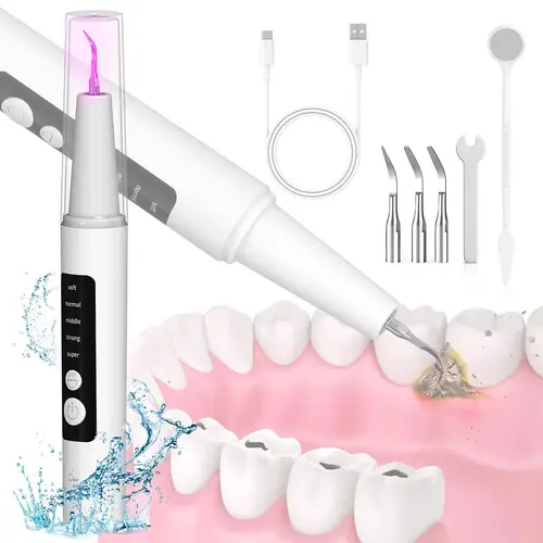 Professional Dental Plaque Remover Tool - Rechargeable Portable Teeth Cleaner with LED Light, 5 Intensity Levels, 3 Replaceable Heads, Advanced High-Frequency Cleaning, Gum-Safe Pause, Travel-Ready Kit for Home Oral Care