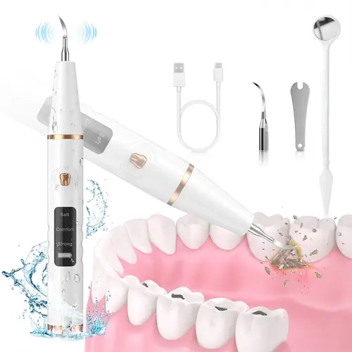 Portable Teeth Cleaner Kit - Ultrasonic Cordless Teeth Cleaner with LED Light, 3 Modes, Rechargeable Type-C Fast Charge, IPX7 Waterproof Oral Cleansing Dental Tool for Home Use