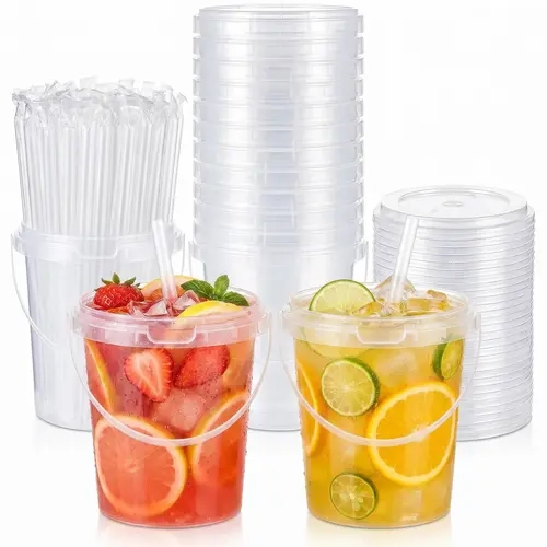 15-Pcs Disposable Plastic Cups with Leak-Proof Lids, Straws, Detachable Handles & Box, 34oz Sturdy Food-Safe To-Go Cups for Cold/Hot Drinks, Ideal for Beach Parties, Home/Festive Supplies