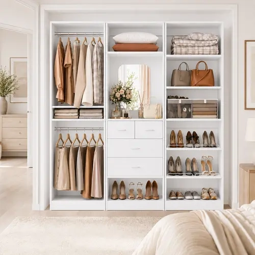 Homieasy 75'' Closets Organizer Set of 3 with Drawers, 6.2FT Wood Closet Organization System with Hanging Rods and Mirror, Reversible Large Storage Walk-in Closet Cabinet Wardrobe Garment Rack with Shoe Shelves, White