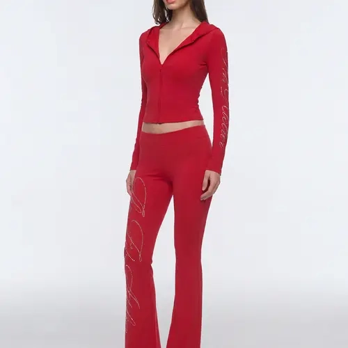 FDR Rhinestone Script Hoodie and Flare Pants Set Slim Fit Women Fall Winter, Tracksuit Set, Full Sleeves, Rhinestone Accents Womenswear Fitted Fitted