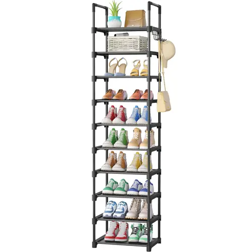 Kitsure 10-Tier Black Metal Shoe Storage Rack - Narrow Rectangular Vertical Shelf with Side Hooks, Bedroom Entryway Furniture, Assembly Required, Frees Floor Space, Adds Modern Polish