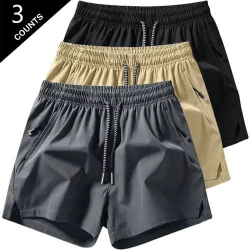 Sohochic Men's 3-Pack Standard Quick-Dry Elastic Shorts - Adaptive Side Zippered Pockets, Elastic Drawstring Waist, for Fitness, Outdoor Activities