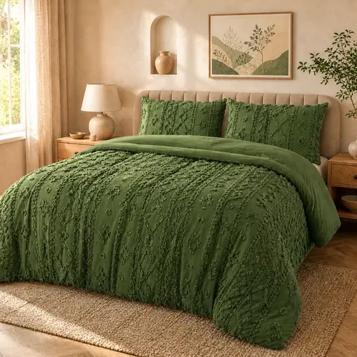 Shilucheng 3PCS Suede Tufted French Country Polyester Bedding Set - Full, Cal King Sizes, All-Season Lightweight, Baby-Safe, Skin-Friendly 3D Textured, Sleep-Friendly for Light Sleepers, Durable Machine Washable, Envelope Pillow Shams, Home Goods