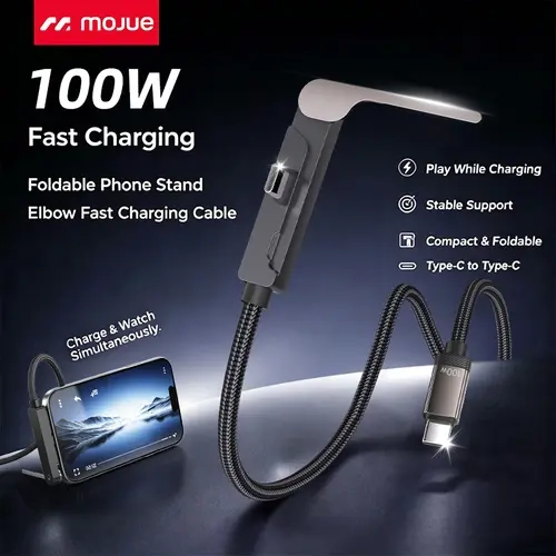2-Pack MOJUE 100W Fast Charging Adjustable Type-C Cord - 5ft Nylon Braided Universal Twist-Resistant Mobile Device Charging Solution with Foldable Holder, 90° Right-Angle Connector, USB-C/Lightning Options