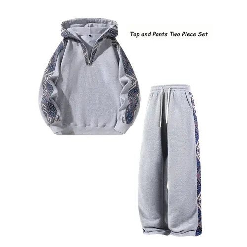 Women's Fitted 2-Piece Ethnic Activewear Set - Long Sleeve Quarter-Zip Hoodie, Fleece-Lined Warm Patchwork Pants, Polyester Clothing, Outdoor Casual Streetwear, Gray, 2 Piece Pants Set Women