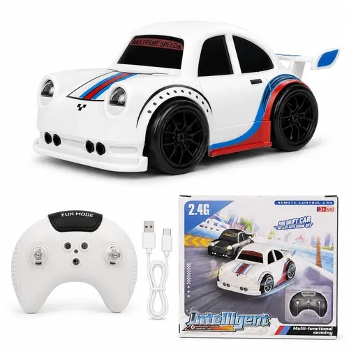 Summerwins 2.4GHz Mini RC Drift Car - Kid-Easy Controls Electric RC Cars with Automatic Feature, 4 Interactive Play Modes, Cute Mini Racing Body, Remote, Dynamic Lights, Sound Show, Indoor Unisex Kids' Gift (White/Black)