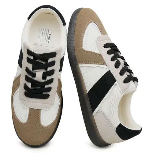 EVELLYHOOTD Women's Premium Cow Suede Colorblock Retro Sneakers - Lightweight Rubber Sole, Breathable Panels, Closed Casual Footwear for Walking & Everyday Wear