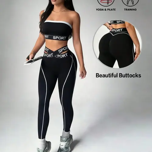 Women's Colorblock Strapless Bra and Cross-Over V Cut High-Waisted Leggings, Casual Fitness Yoga Set, Sports Activewear Set
