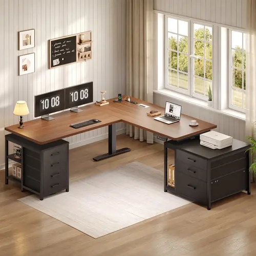SEDETA L-Shaped Electric Standing Desk - 63x55.1" High Durability Height-Adjustable Workstation with 7 Drawers, 4 AC+2 USB Power Outlets, Storage Shelves, 3 Memory Presets, Water-Resist Top, 28.3"-47.2" Height Adjustability (Drawers+Outlet Feature)