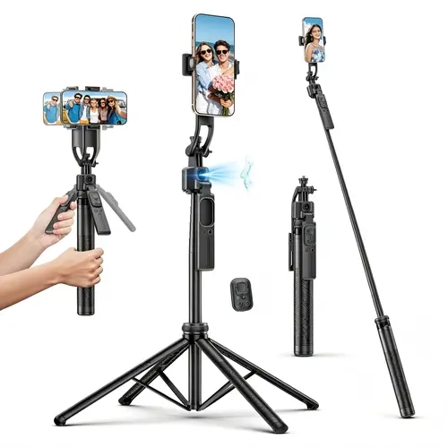 360° Full Rotation Aluminum Selfie Stick Tripod - 63 Inches, Detachable Cordless Quadripod, Mobile Remote Control, iPhone/Android Camera Stabilizer, Selfie Stick Tripod Stabilizers & Supports, Phone Accessory