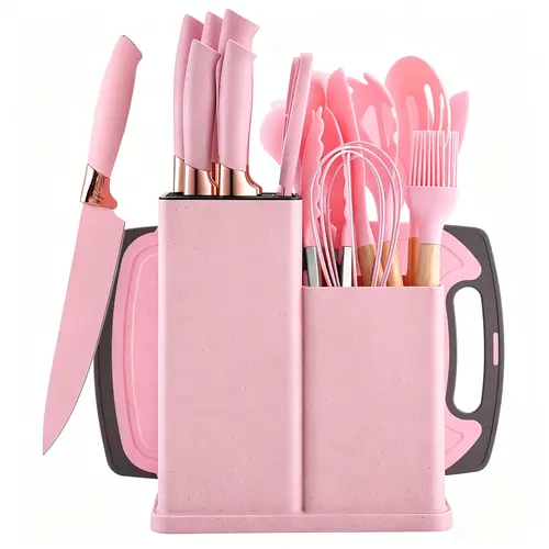 PRASKY 19Pcs Kitchen Knife Set with Wooden Handles – Complete Knife Block Set with Silicone Kitchen Tools, Fish Knife, Cutting Board & Holder – Pink Sturdy Kitchen Knife Set for Apartment & New Home, BPA-Free Multi-Functional Knife Set