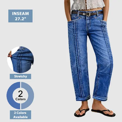Flamingals Wash Pleated Roll Hem Mid Rise Straight Leg Jeans Womenswear Stretchy 26'' Inseam