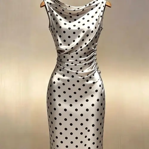 Polka Dot Sleeveless Bodycon Dress, Fitted Bodycon Style, Lightweight Luxury Office Dress, Vintage Satin High-End Look, Elegant Chic Office Style