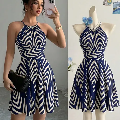 Arrow Print Tie Waist Flared Short Dress for Women Elegant Chic Design, Formal, Perfect for Dates, Parties & Travel, Spring and Summer Dress