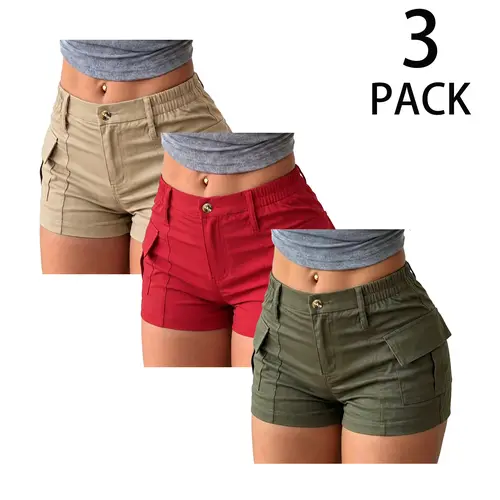 Summerwins Women's High-Waisted Multi-Pocket Mini Cargo Shorts Set (3-Pack) - Women's Clothing, Elastic Waistband, Button Closure, Cash Pocket, Active Casual Style, Comfortable for Summer Everyday & Outdoor Fun