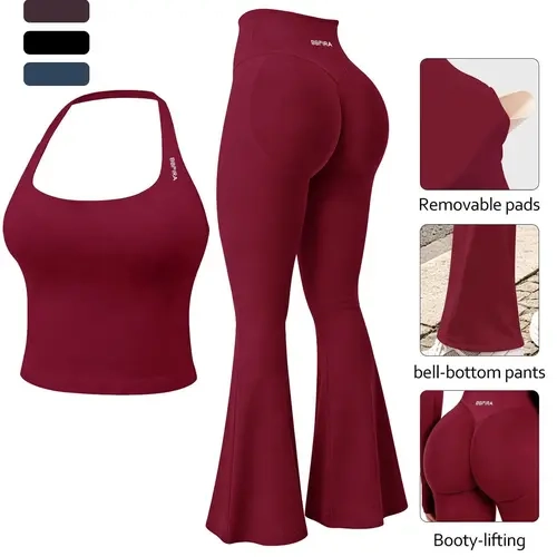 BBFIRA Women's Seamless Sports Set, Back Beauty Halter Yoga Top + High Stretch Butt Lifting Straight-Leg Pants. 2-Piece Integrated Knit Outfit With Removable Pads, Breathable & Sweat-Wicking, Perfect For Running, Fitness & Outdoor Cycling.