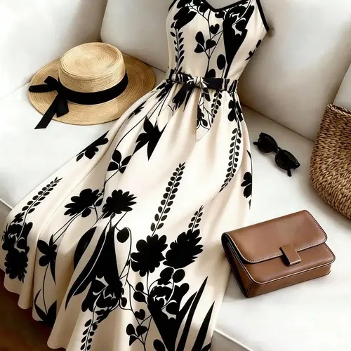 Summer Floral V-Neck Halter Dress Elegance Chic Fit, Retro Plant Print, Simple Color Block, Office Wear, Slimming Print, Date Night, Daily Commute, Casual Sleeveless Dress, Ffwj2667
