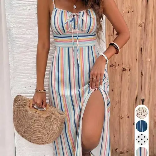 Strappy Split Dress, Side Slit Halter Dress, Multi-Print Beach Dress, Soft Casual Style, Simple Commute Dress, Summer New Arrival, Island Vacation Wear, Casual Sleeveless Dress