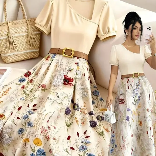 Women's Solid Apricot Floral Patchwork Midi Dress, Short Sleeve, French Retro Style, Spring & Summer Wear, Versatile for Casual Everyday Wear, Music Festivals, Beaches & Dates, Vibe