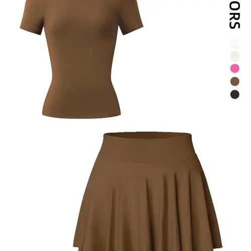 Two-Piece Set Women's Solid Color Top & Pleated Design High Waist Skirt, Sporty Casual Breathable for Yoga Gym Workout Running, Ladies Summer Sportswear, Athleisure Outfits, Activewear Set, Athleisure Summer Clothes, Athleisure Sportswear Set