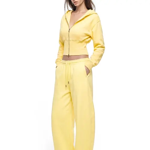 FDR Women's Buttercream Cropped Zip-Up Hoodie & Sweatpants Set, Soft Casual Two-Piece Outfit with Hooded Jacket, Y2K Minimalist Streetwear Style for Daily Wear, Baggy Pant Lounge and Active Looks
