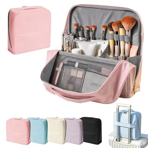 Women's Leather High Capacity Waterproof Toiletry Makeup Bag - Magnetic Closure Portable Storage Bag, Vertical Free-Standing Home Organizer with Large Opening, Brush Holder, Multi-Zone, Foldable for Travel/Pink, High Capacity Storage Bags