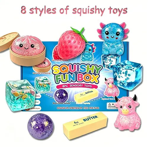 8-Piece Malt Sugar Soft Squishies Toys Pack - Fidget Stress Relief Squeeze Cubes, Quirky Unique Cool Gifts for Kids, Party Bag Supplies, Sensory Room Items (8 Different Styles)