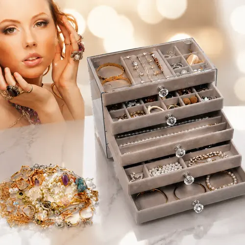 5-Layer Jewelry Organizer Box, Large Capacity Velvet Jewelry Storage Case, Anti-Tangle Drawer Organizer for Rings Earrings Necklaces, Vanity & Bedroom Must-Have TikTok Viral Gift for Women Girls