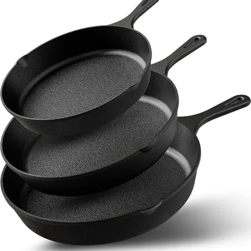 DWTS DANWEITESI 3-Piece Cast Iron Skillet Set - 6/8/10 in Sizes, Uncoated, Pre-Seasoned, PFAS-Free, Durable, Food-Safe Cookware, Heat-Safe, Even Heating, With Handle, Indoor Stovetop/Oven/Grill Frying Use