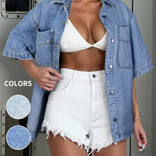 Women's Denim Shirt Jacket Short Sleeve Baggy Version, Stylish Casual Outerwear, Perfect for Daily Wear, Comfortable and Trendy Design, Coats, Fashion Outerwear
