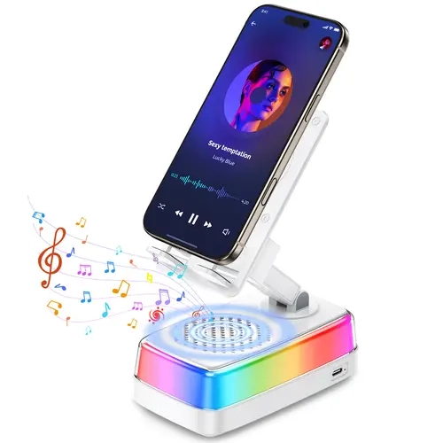 EATOP Multifunctional Portable Party Rechargeable Wireless BT5.3 Speaker with 360° Adjustable Foldable Phone Holder, 3000mAh Emergency Battery, RGB LED Light, Stereo Amplifier, USB-C Charger, Father’s Day Gift for Men