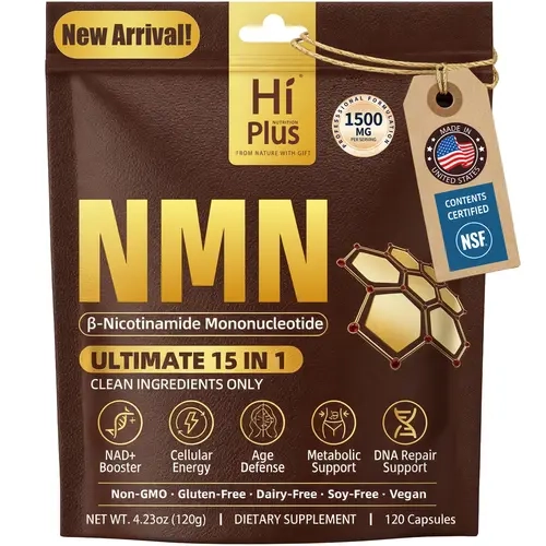 HiPlus NMN Complex 1,500mg Per Serving, 15-1 Complex,NMN 500mg with Vitamin C, TMG, CoQ10, Resveratrol, Quercetin, & Glutathione | Supports Cellular Energy & NAD+ Levels - Vitamin Dietary Supplement Healthcare
