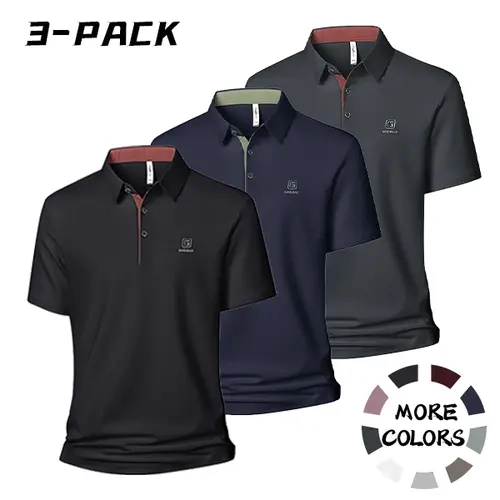 Men's 3-Pack Fitted Cut Polo Shirts - Casual Short Sleeve Button-Front Top with Contrast Collar, Quick-Dry Breathable Fabric for Golf, Commuting