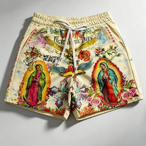 2026 Trendy Virgin Mary Loose Fit Shorts for Men and Women, Cross Vintage Street Style, Guadalupe Virgin Rose Eagle Religious All Over Print Drawstring Waist Shorts, Hip Hop Y2K Casual Shorts for Daily Wear