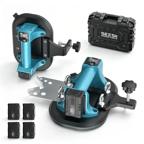 SEESII 4-in-1 Electric Suction Cup Tool for Tile Lifting & Leveling, 10-in Large Glass Vacuum Lifter with 280KG/617LBS  250KG/600LBS Max Load, Drill & Seam Function, 4x 3000mAh Batteries, Digital Display toolupgrade