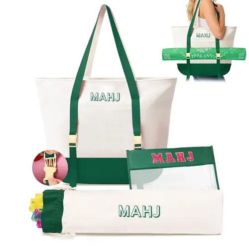 Lightweight Canvas Mahjong Storage Bag Set with Adjustable Buckle Strap - Compact Drawstring Bag, Double-Needle Stitching, Inner Zippered Pocket, Mat Strap, Keeps Mat Flat, Holds American Tiles, Racks, Rack Pushers, Festive Party Gift, Home Supplies