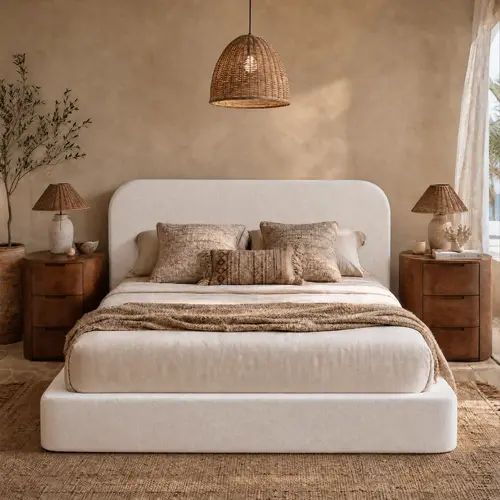 RECCI Queen Size Contemporary Bed Frame - OEKO-TEX Fabric Cloud Upholstered Platform Furniture with Curved Headboard, Padded Panels, Low-Profile Build, Soft Edges, Sturdy Apartment Design, Easy Setup, No Box Spring Needed