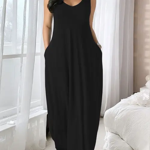 Summer Casual Sleeveless Long Dress with Pockets, Loose Fit, Comfortable Versatile Home Wear