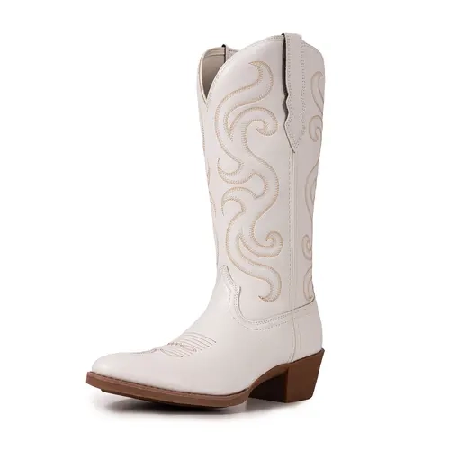 【Auction】Palitutu Western Cowgirl Boots for Women, Cowgirl Vintage Mid Calf Embroidered Pointed Toe Faux Leather Chunky Heel Pull on Classic Ladies boots PLT703602B