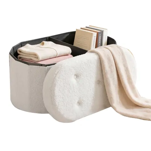 Sweetcrispy Soft Foldable Storage Ottoman - Oval Multipurpose Stool, Assembly Required Space-Saving Indoor Furniture with Hidden Storage for Clothes & Blankets, Modern Home Decor for Bedroom Cozy Corners