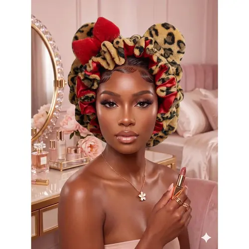 Women's Premium Fluffy Leopard Satin Sleeping Bonnet - Double Layer Nightcap with Comfort-Fit Elastic Band, Bow & Ear Charm for Curly Hair, Long Dreadlocks, Hydrating Haircare, Gifts for Adulting Women (Sports Headband Accessory)